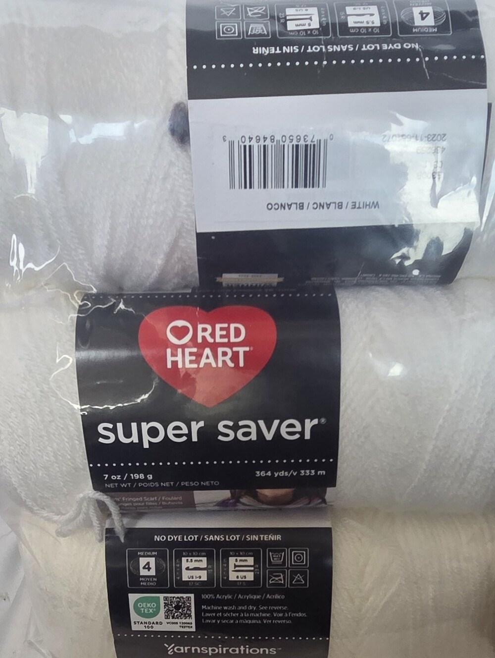 Lot 3 Skeins Red Heart Super Saver Yarn White 311 Worsted 7oz Acrylic No Dye Lot